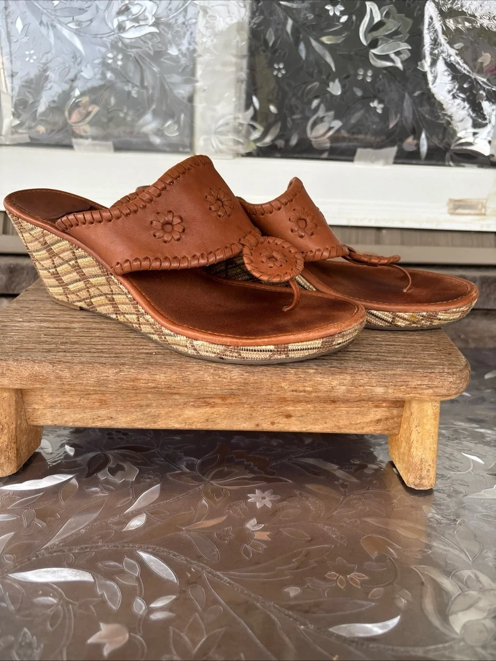 Jack Rogers Cognac Leather Wedge Thong Sandals Women’s 10